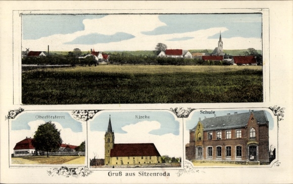 KP Sitzenroda Belgern Schildau w Północnej Saksonii, urząd leśny, kościół, szkoła, widok ogólny