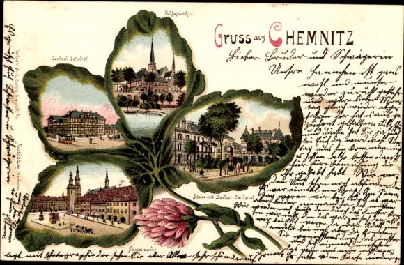 Kleeblatt Chromo-Litho Chemnitz in Saxony, train station, main market, stock exchange with Becker monument, castle pond