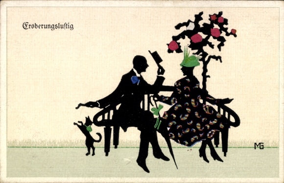 Paper cutting Postcard Graf, Marte, Fasto silhouettes, lovers, bouquet of roses, bench
