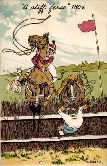 Artist Postcard Anders, O., Horse jumping over an obstacle, fall, jockeys