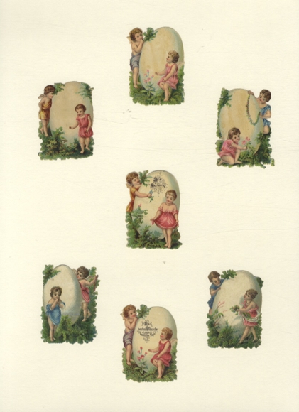 7 wafers children with large Easter eggs, flowers, each approx. 5.5 x 4 cm