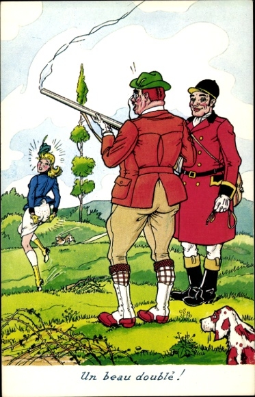 Artist Postcard hunting scene, hunter has hit a woman's butt