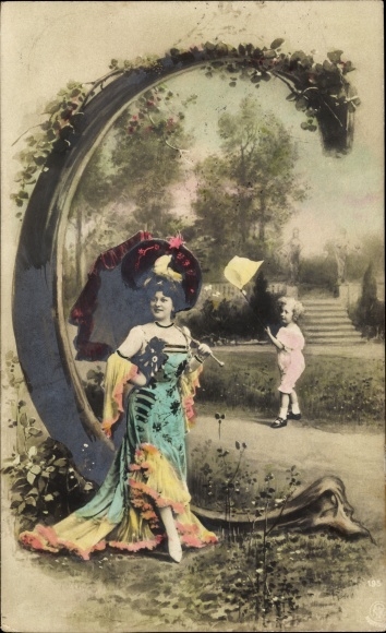Letters Postcard Letter C., Woman with Parasol, Playing Child