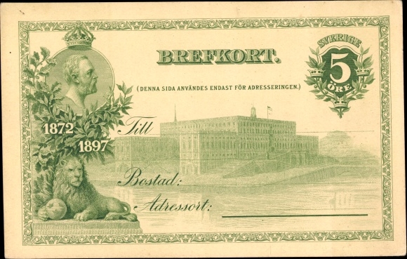 Ganzsachen Ak Schweden, König Oskar II. von Norwegen und Schweden, Löwe