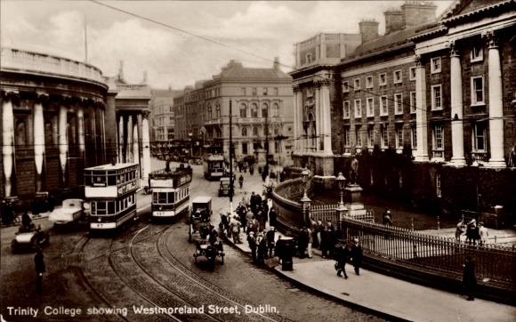 KP Dublin Irlandia, Trinity College, Westmoreland Street, tramwaj, historyczna architektura