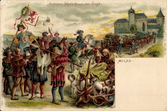 Artist Chromo-Litho Langbein, Robert, Mylau in Vogtland, Return of Charles IV from the hunt