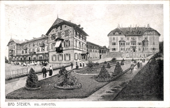 Postcard Bad Steben in Upper Franconia, Royal spa hotel, beautiful gardens, many visitors