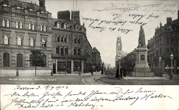 Postcard Barrow in Furness Cumbria England, monument at the square, tracks