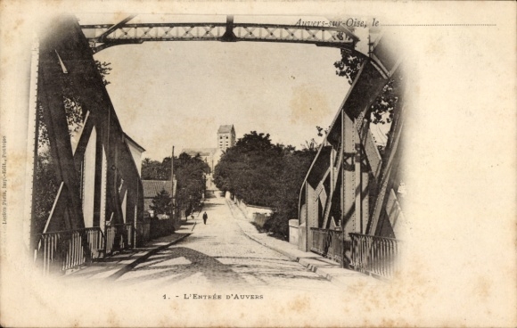 Ak Auvers sur Oise Val d'Oise, Kirche von der Brücke aus gesehen