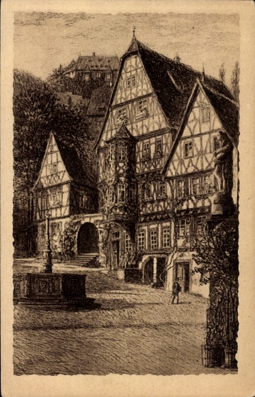 Postcard Miltenberg am Main Lower Franconia, historic houses, fountain, market square, castle in the background