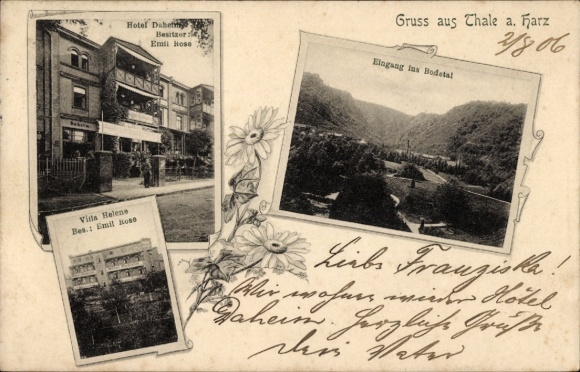 Ak Thale im Harz, Hotel Daheim, Inh. Emil Rose, Eingang ins Bodetal, Villa Helene