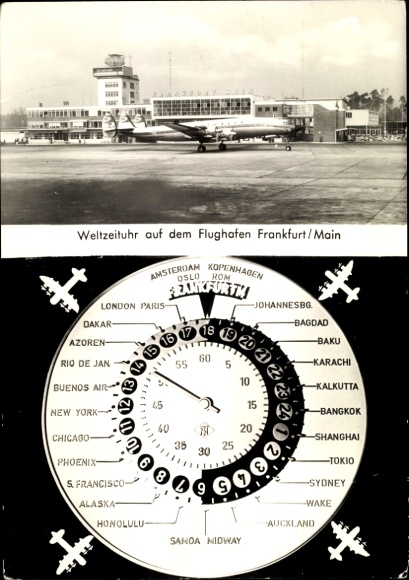 Postcard Frankfurt am Main, airport, world clock, airplane