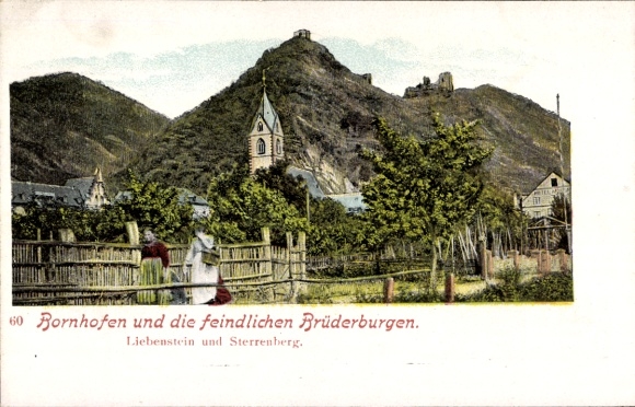 Postcard Bornhofen am Rhein, The Enemy Brothers, Sternberg Castle, Sterrenberg, Liebenstein