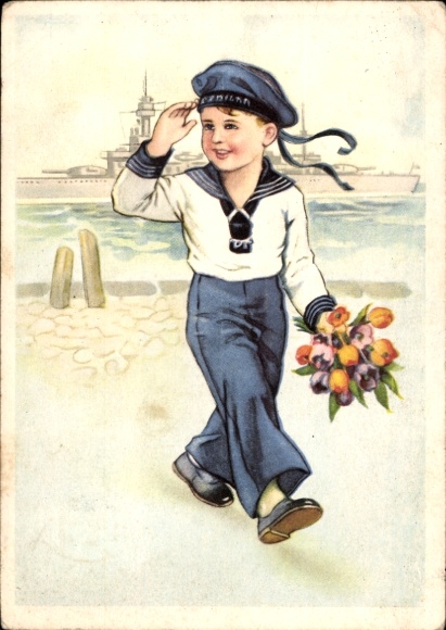 Ak Seemann mit Blumenstrauß, Matrose, Kriegsschiff