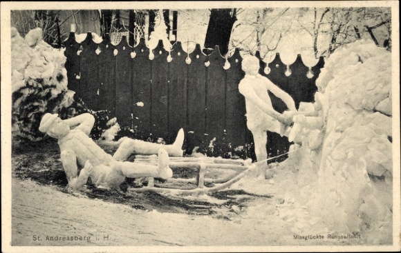 Postcard Sankt Andreasberg Braunlage in the Upper Harz, snow figures, failed sleigh ride