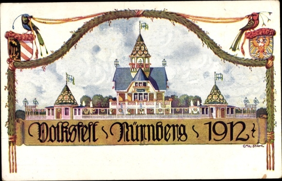 Postwaardestuk kunstenaarskaart Stahl, Emil, Neurenberg, volksfeest 1912
