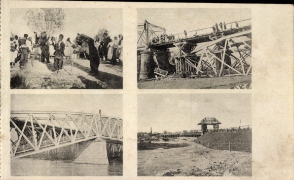 Ak Rumänien, Zigeuner mit tanzenden Bären, Gesprengte Eisenbrücke bei Buda, Karlsbrücke