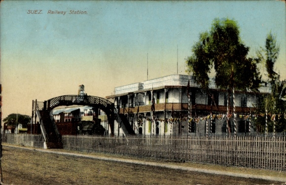 Postcard Suez Egypt, Railway Station
