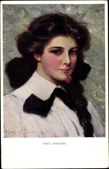 Kunstenaarskaart Underwood, Clarence, rijpe kersen, portret van een vrouw, M. Munk nr. 832
