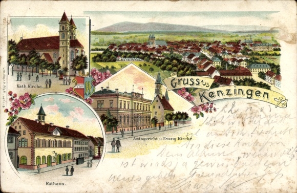 Litho Kenzingen im Breisgau Baden, Totale, Amtsgericht, Kirche, Rathaus