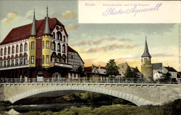 Ak Weida in Thüringen, Katzschbrücke, Café Museum, alte Architektur, Aquarell-Stil