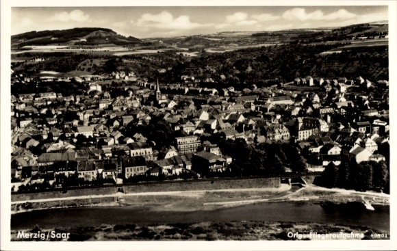 Postcard Merzig an der Saar, aerial photograph