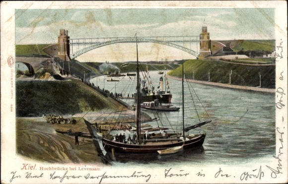 Postcard Kiel, high bridge near Levensau, Kaiser Wilhelm Canal, ship