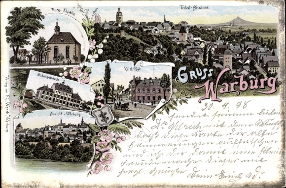 Chromo-Litho Warburg in the district of Höxter, castle chapel, panorama, post office, school