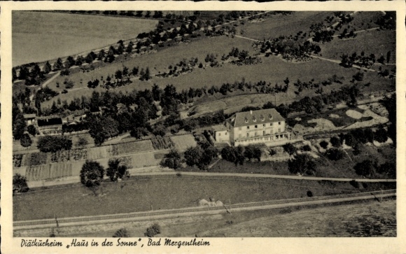Postcard Bad Mergentheim in Tauberfranken, diet health resort Haus in der Sonne, railway line