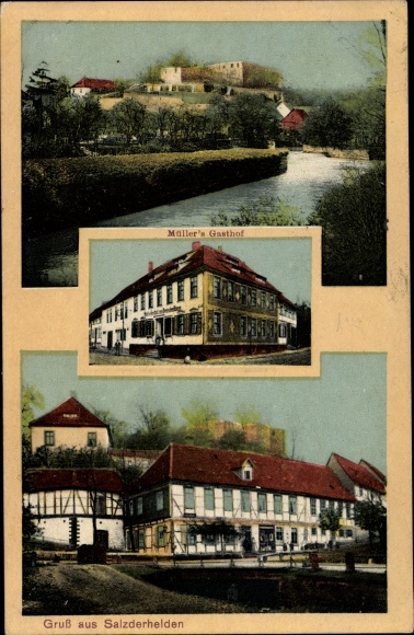 Ak Salzderhelden Einbeck in Nedersaksen, Müller&#39;s Gasthof, uitzicht op de stad