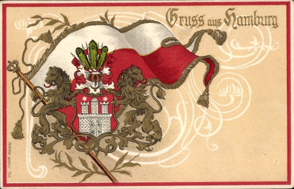 Embossed coat of arms Chromo-Litho Hamburg, city coat of arms, flag
