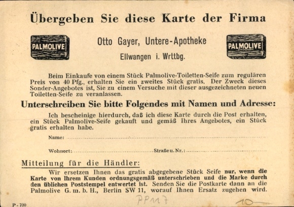 Postwaardestukken Ak reclame, Palmolive zeep, PP 117