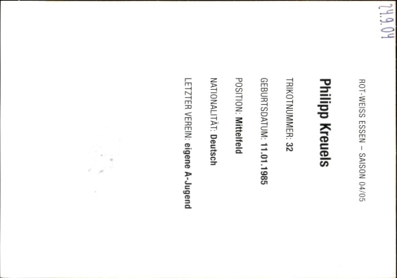 Autogrammkarte Fußballer Philipp Kreuels, Rot-Weiss Essen, Autogramm
