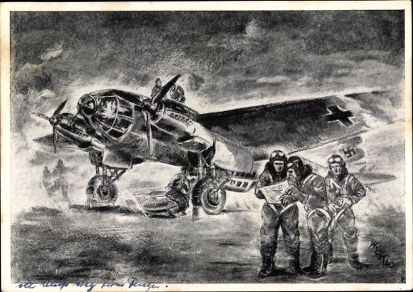 Postcard German Air Force fighter aircraft Heinkel He 111 H, We fly against England, preparation for takeoff