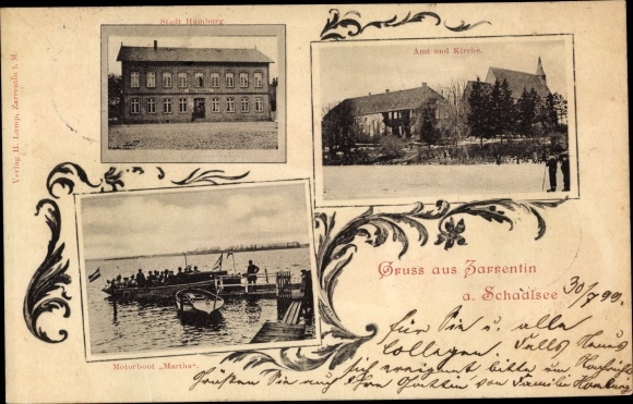 Postcard Zarrentin am Schaalsee, motorboat Marta, office, church, city of Hamburg inn