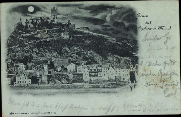 Mondschein Ak Cochem an der Mosel, Gesamtansicht, Reichsburg