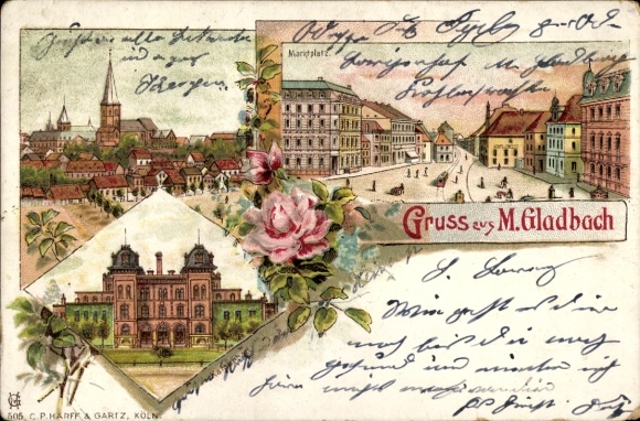 Chromo-Litho Mönchengladbach on the Lower Rhine, partial views, market square, church