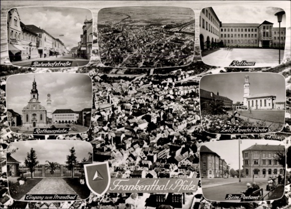 Ak Frankenthal in der Pfalz, Bahnhofstraße, Rathaus, Rathausplatz, Zwtf Apostel-Kirche, Strandbad