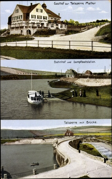 Postcard Malter Dippoldiswalde, Malter dam, train station and steamboat station, inn, bridge