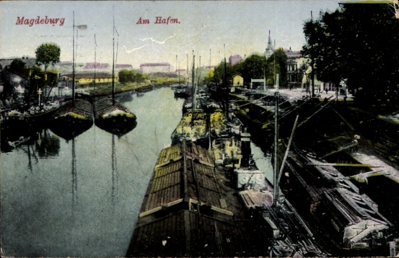 Postcard Magdeburg an der Elbe, Am Hafen
