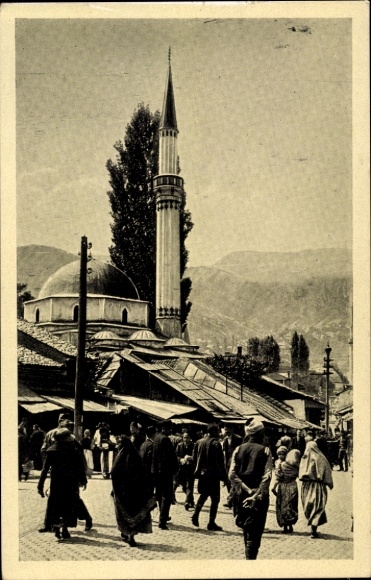 KP Sarajevo Bośnia Hercegowina, meczet, minaret, rynki, ludzie, architektura historyczna