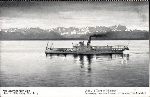 Postcard saloon steamer Ludwig on Lake Starnberg, panorama