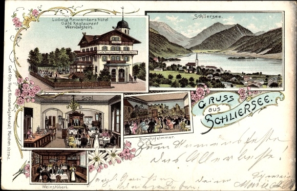 Chromo-Litho Schliersee in Upper Bavaria, Ludwig Anwander&#39;s Hotel Café Restaurant Wendelstein, panorama