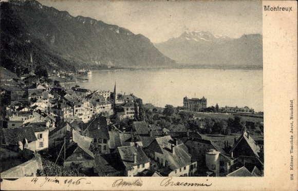 KP Montreux, kanton Vaud, Szwajcaria, widok na jezioro, góry, domy, z 1906 r.