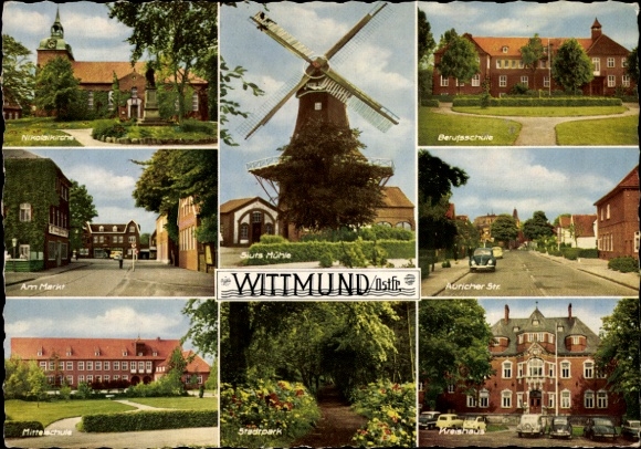 Postcard Wittmund in East Frisia, Siuts Mill, vocational school, city park, middle school, St. Nicholas Church