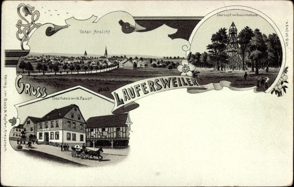 Chromo-Litho Laufersweiler in the Hunsrück, inn, total view, Idarkopf, lookout tower
