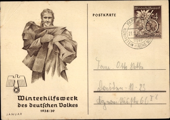 Postwaardekaart WHW 1938/1939 januari, vrouw met jassen