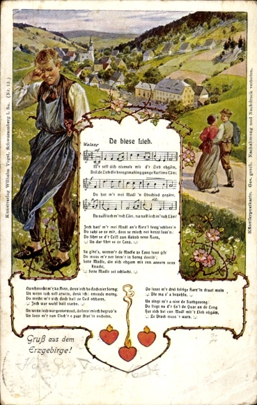 Song Postcard Vogel, Wilhelm, De biese Lieb, Erzgebirge, lovers, crying man