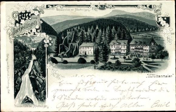 Litho Allerheiligen Oppenau im Schwarzwald, Wasserfall, Brücke, Restauration W. Mittenmaier