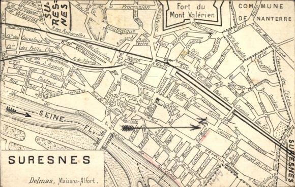 Ak Suresnes Hauts de Seine, Karte von Suresnes mit Straßenverlauf, Fort du Mont Valérien, Nanterr